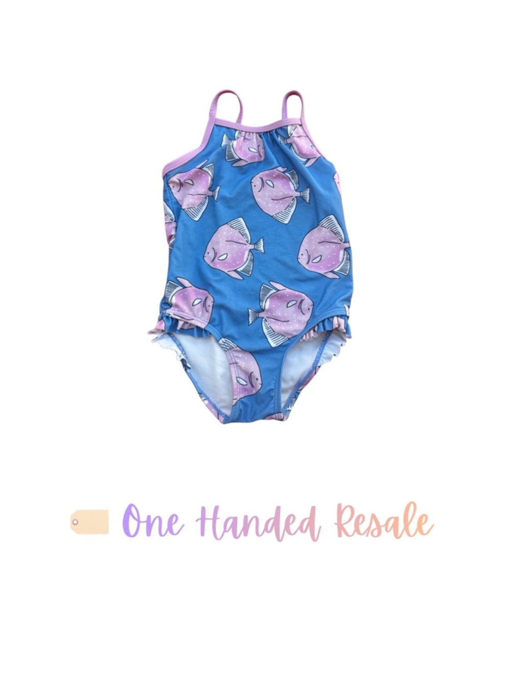 🐟 Carter’s Light Blue Swimsuit w/ Purple Fish & Leg Ruffles Girls EUC 4T